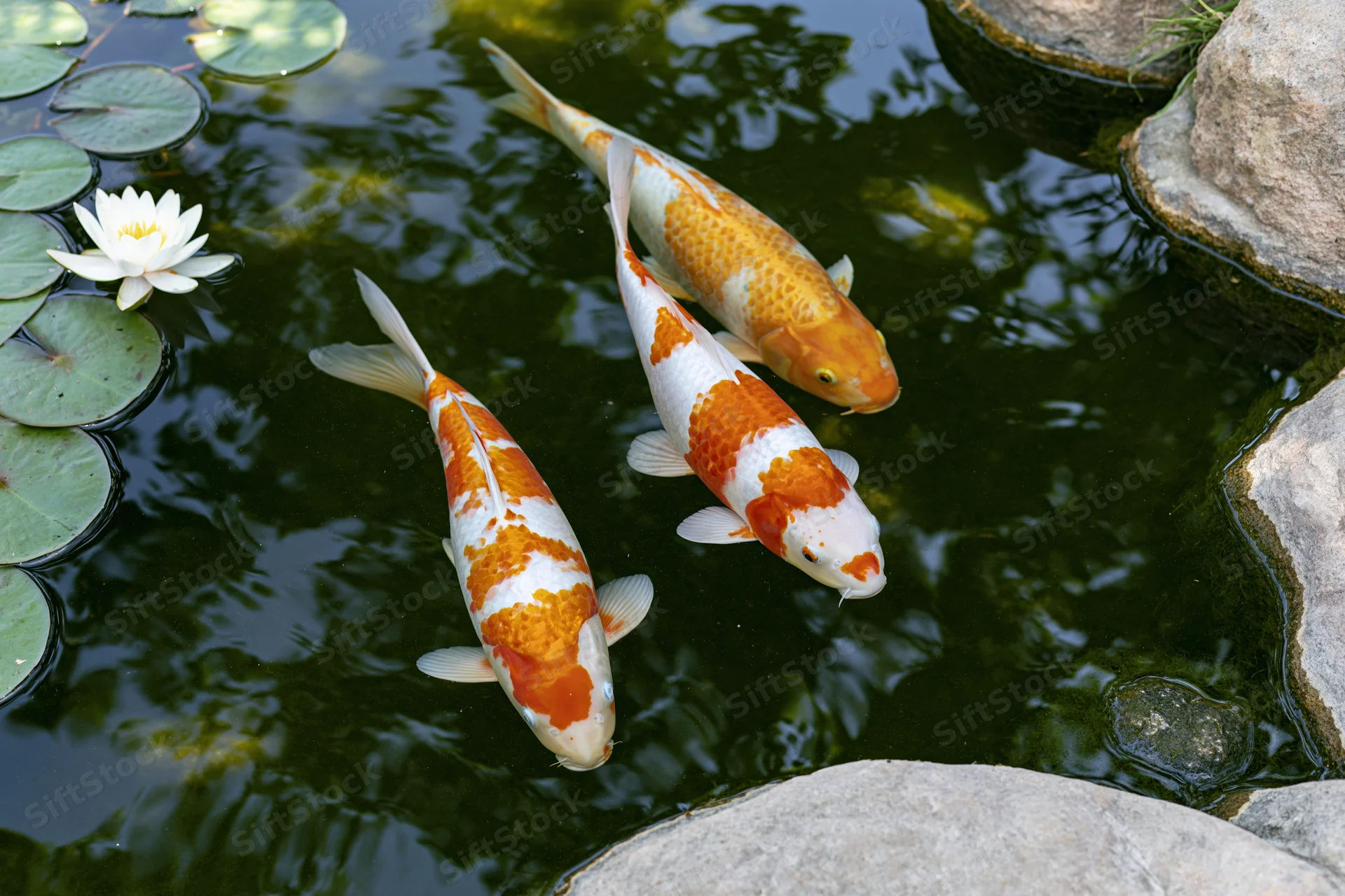 Three koi fish swimming in a garden pond near lily pads and stones