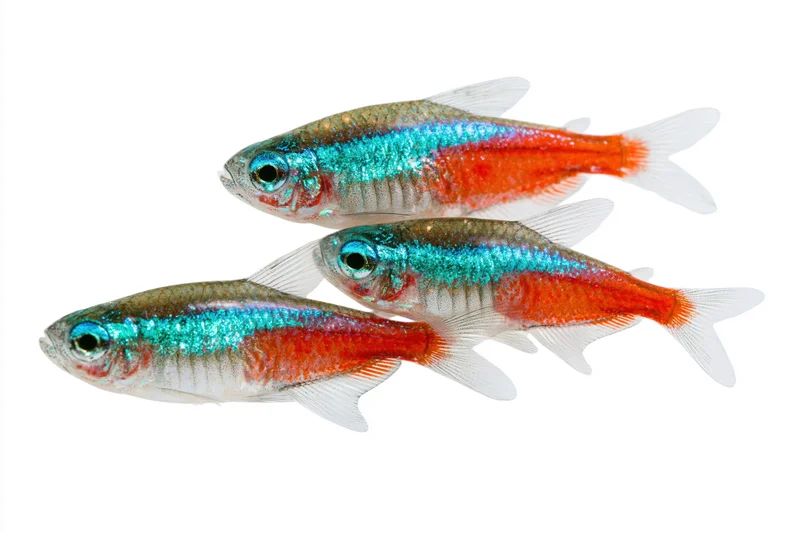 Three neon tetra fish swimming in diagonal cluster against white background