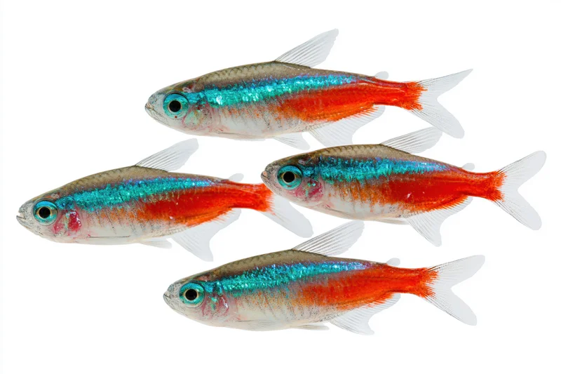 Four neon tetra fish arranged in diagonal cluster against white background
