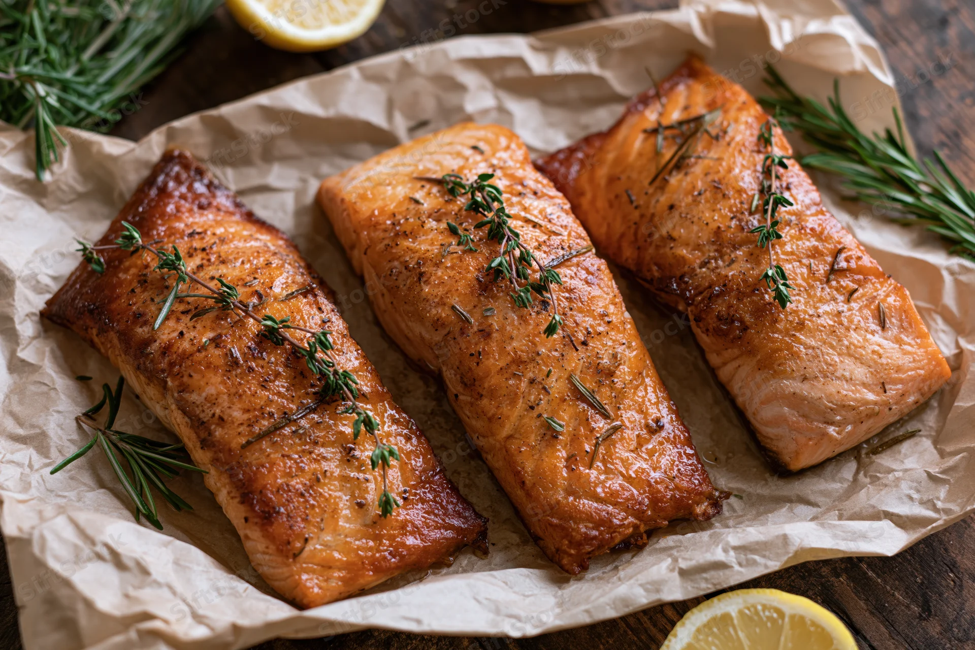 Three pan-seared salmon fillets garnished with herbs and lemon slices on parchment paper on a wooden table