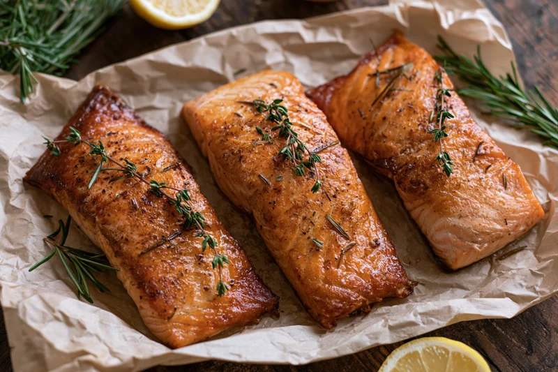 Three pan-seared salmon fillets with caramelized golden-orange