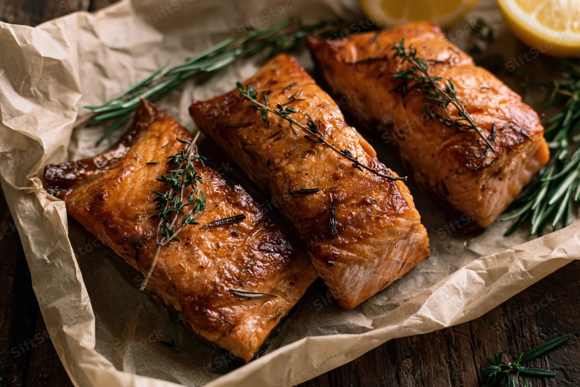 Three seared salmon fillets with herbs and lemon on parchment paper on a wooden table