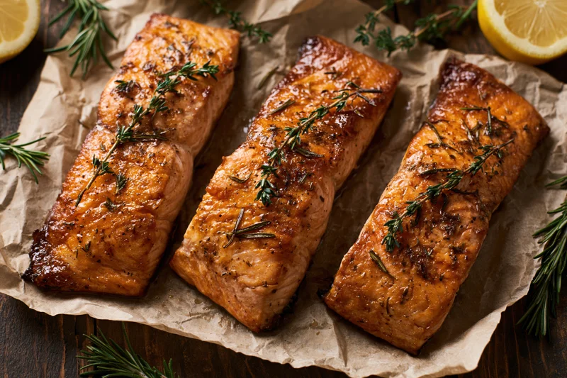 Three seared salmon fillets garnished with rosemary and lemon on parchment paper over dark wood surface