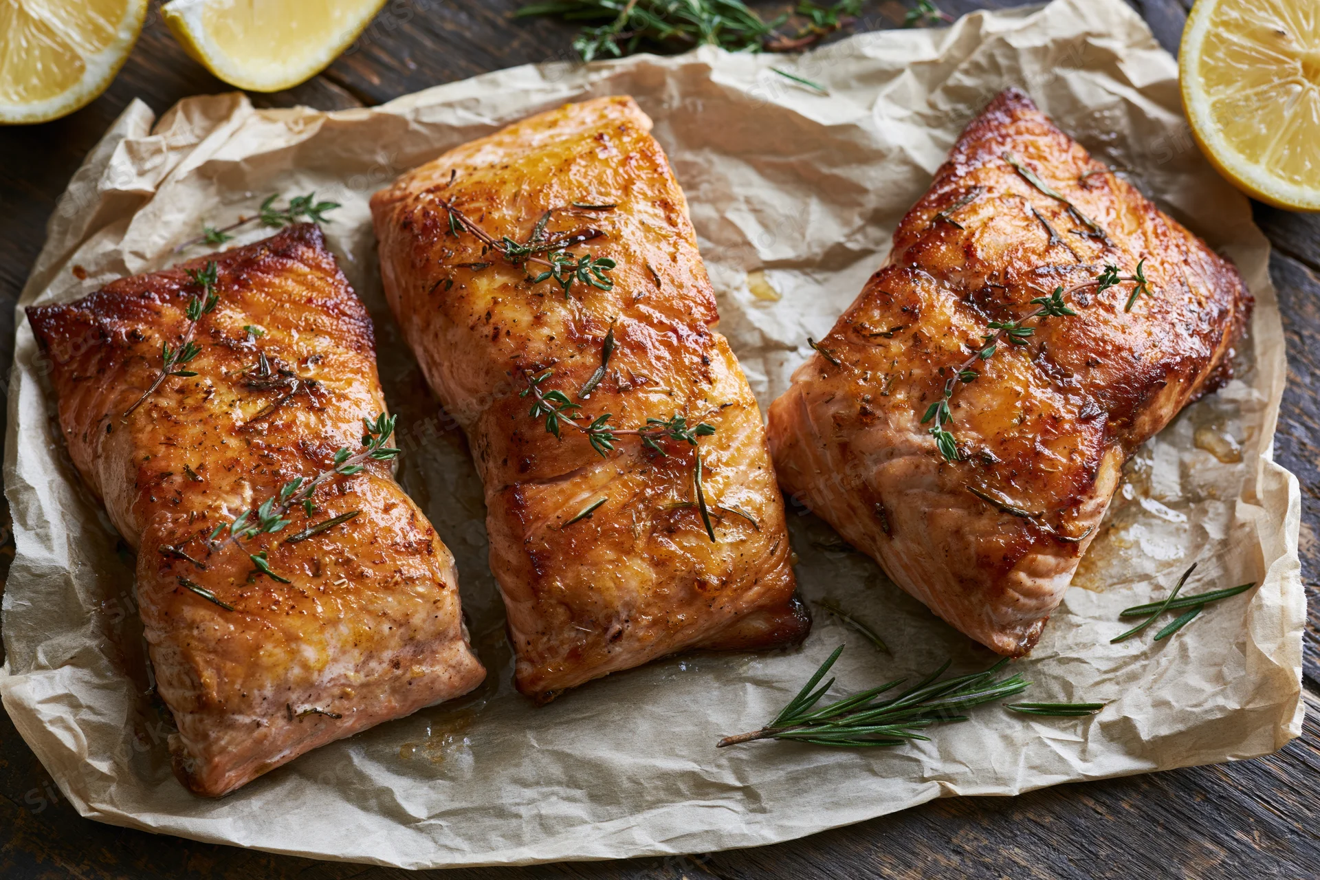 Three pan-seared salmon fillets with rosemary and lemon on parchment paper on a wooden table