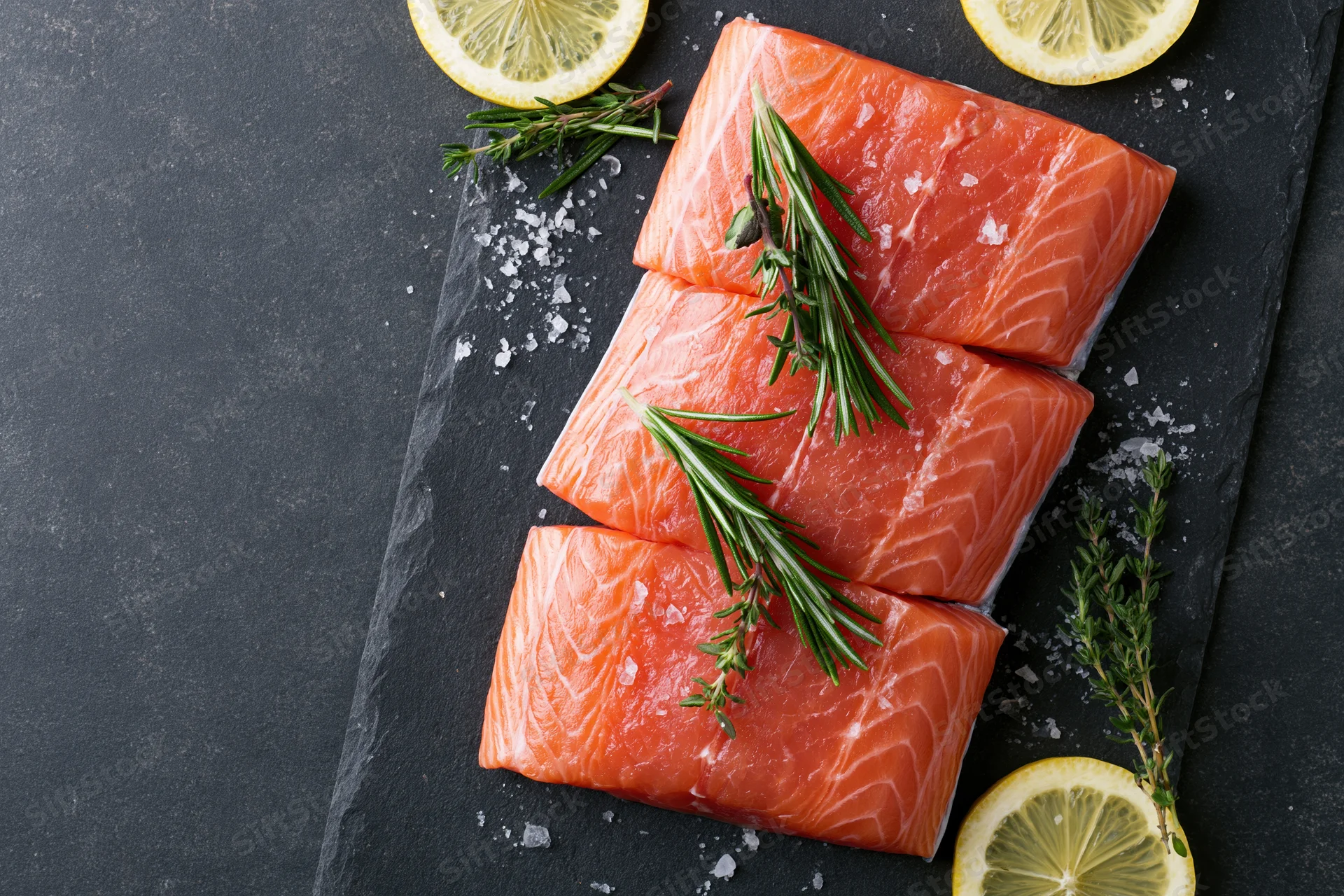 Three raw salmon fillets arranged on a dark slate board with lemon slices and herbs
