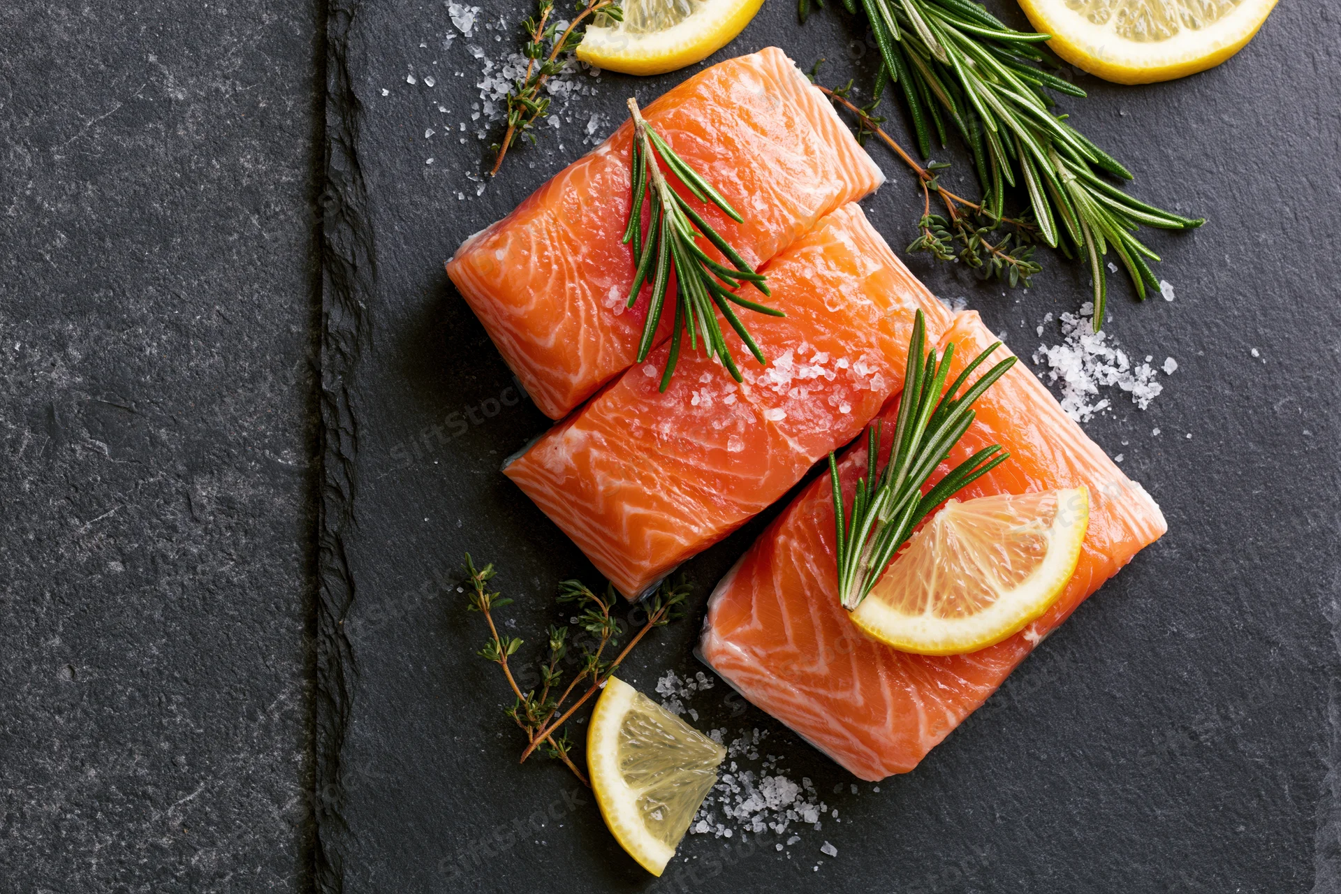Three raw salmon fillets arranged on slate with lemon slices and herbs
