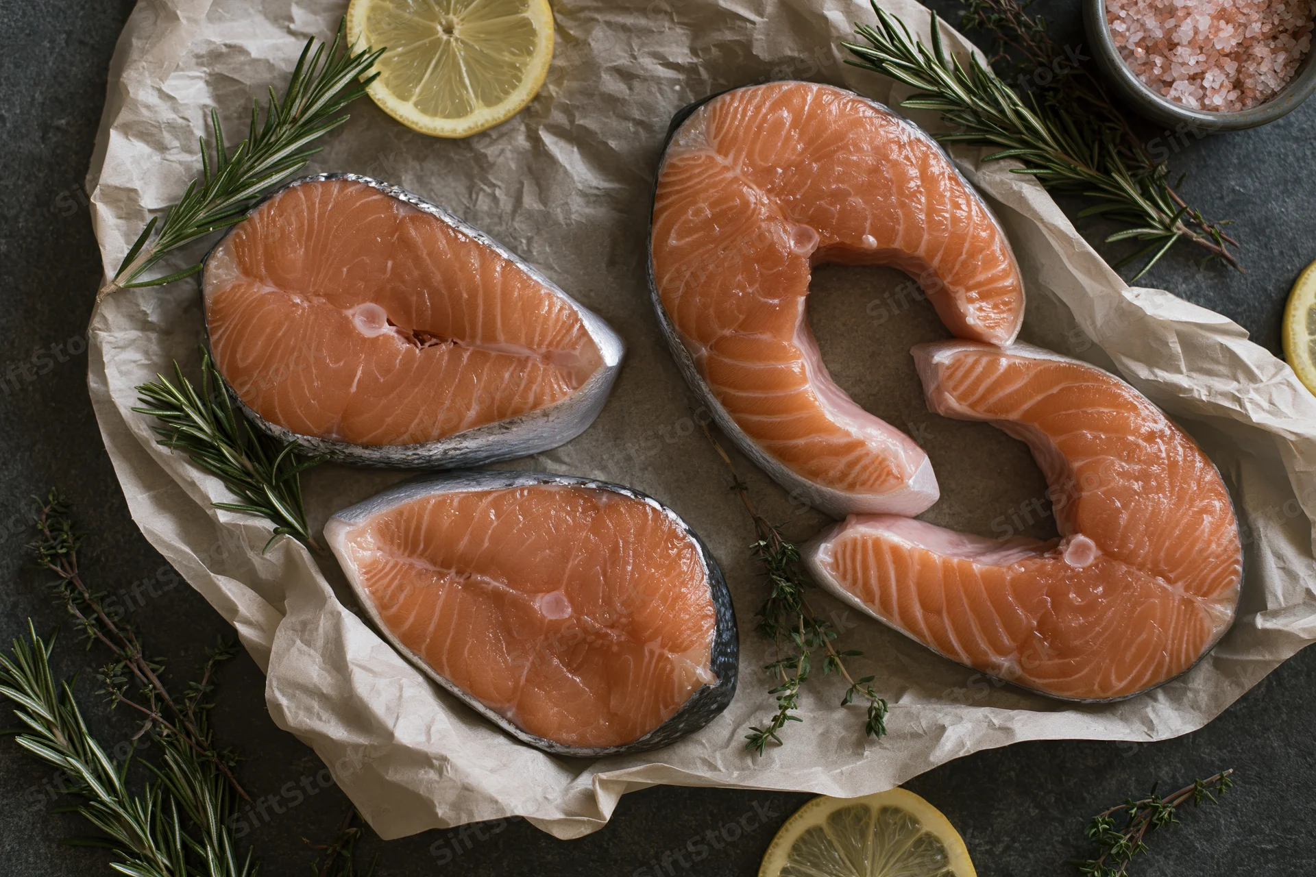 Raw salmon steaks arranged on crinkled parchment paper with herbs and lemon slices