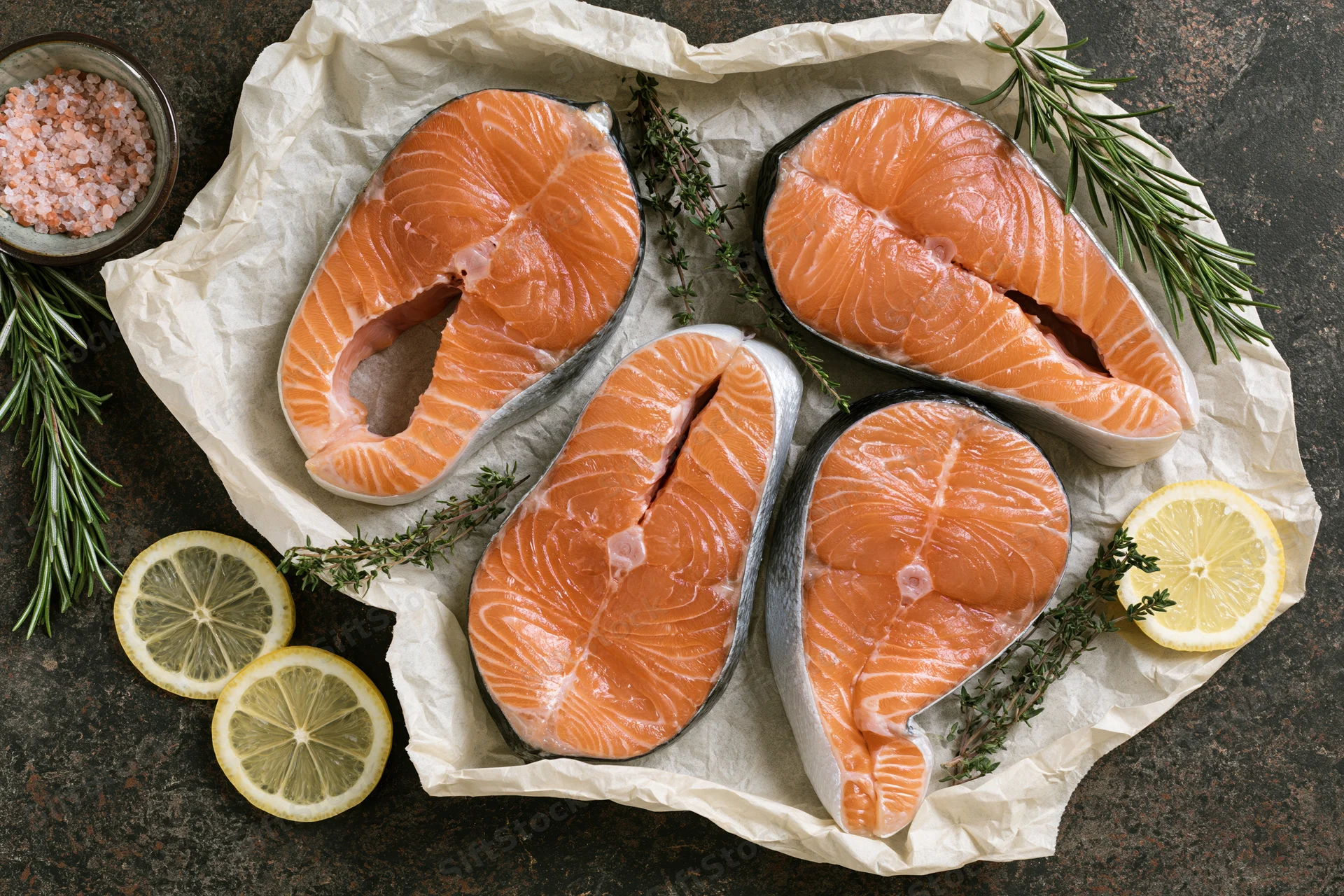 Four raw salmon steaks arranged on crumpled parchment paper with lemon slices and herbs on dark surface