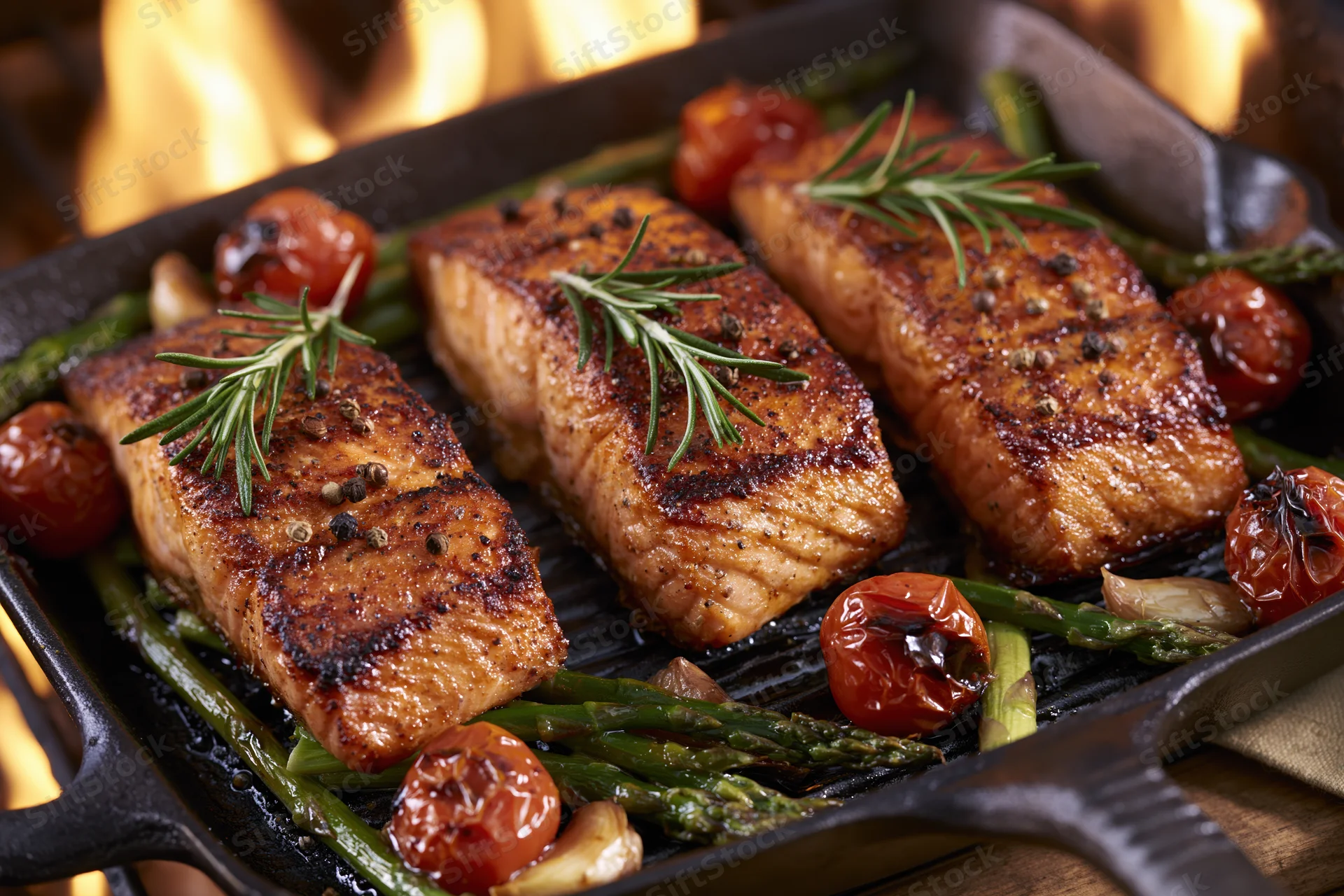 Three seared salmon fillets in a cast iron grill pan with asparagus and cherry tomatoes, garnished with rosemary and garlic