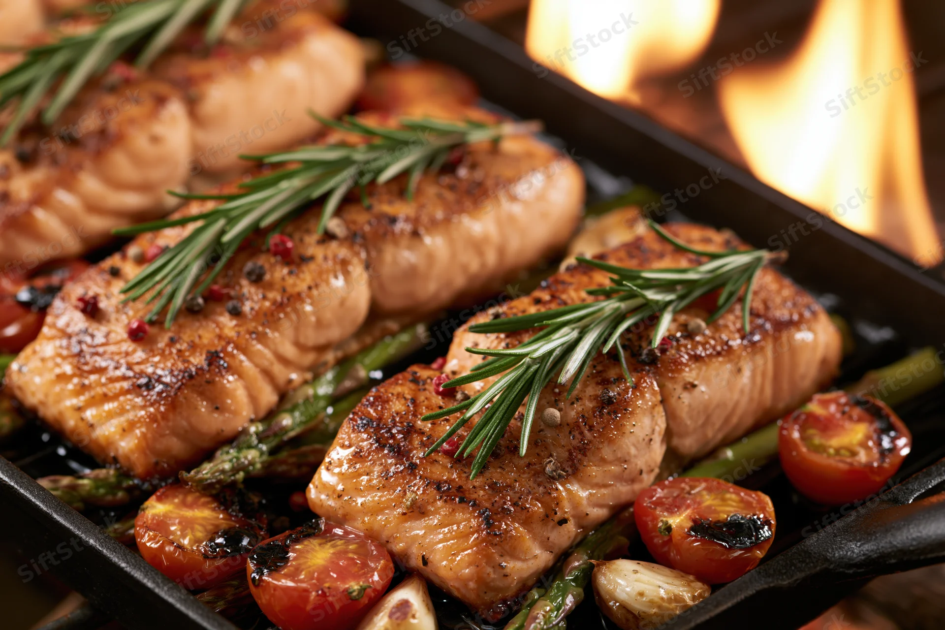Three seared salmon fillets with asparagus and tomatoes in a cast iron grill pan over flame