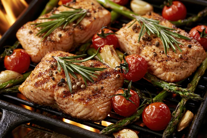 Three grilled salmon fillets with asparagus and tomatoes on a cast iron grill pan over flame