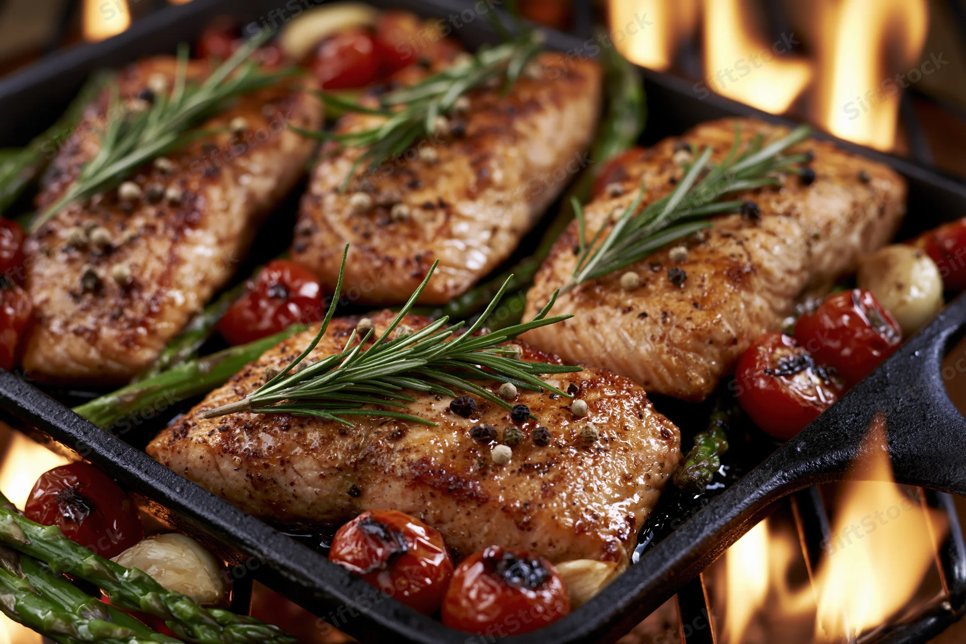 Seared salmon fillets with asparagus and tomatoes in a cast iron grill pan over flames
