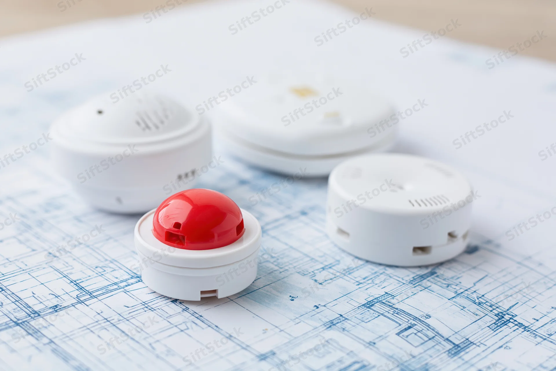 Four white smoke alarms with one red top arranged on architectural blueprint