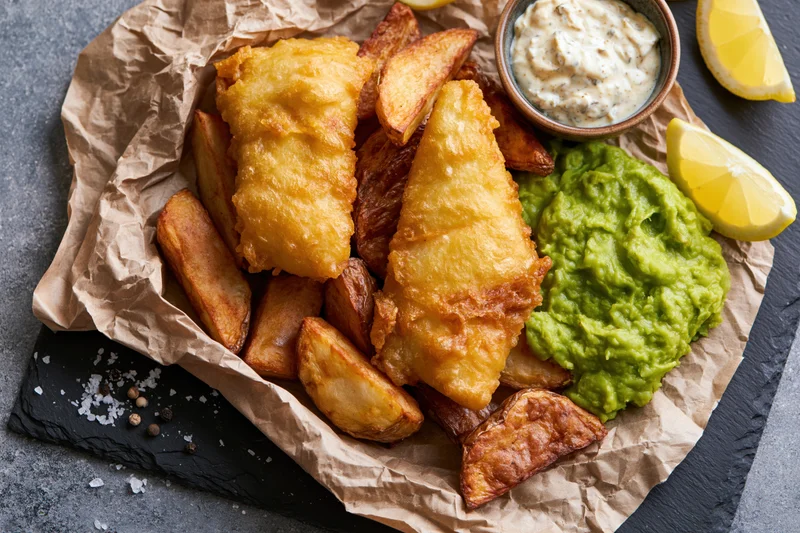 Traditional british fish and chips served on crumpled brown paper with mushy peas and tartar sauce on slate