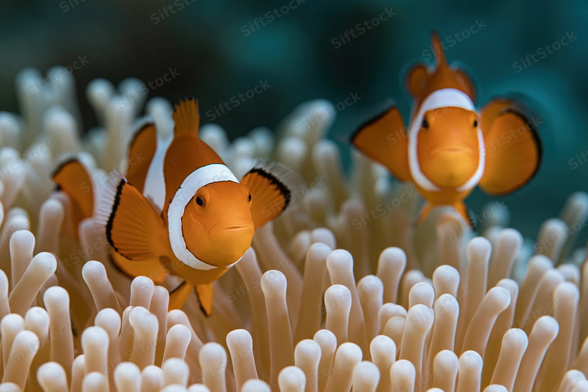 Two clownfish hovering among sea anemone tentacles in underwater reef environment