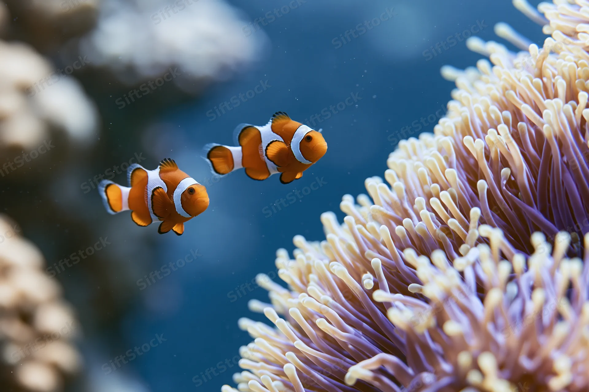 Two clownfish hovering beside a large sea anemone tentacles in an underwater reef environment