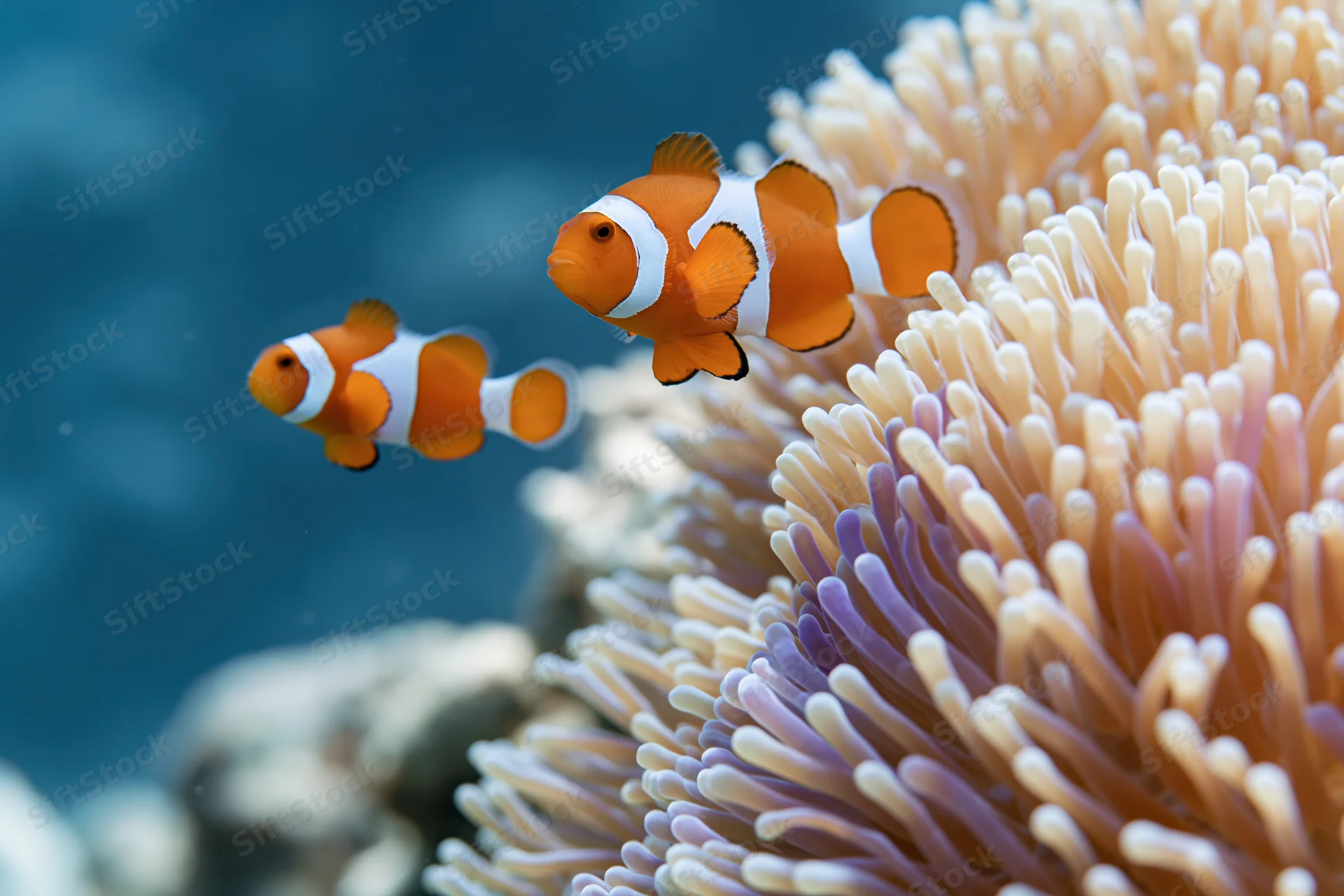 Two clownfish hovering beside a large sea anemone tentacle in underwater reef environment