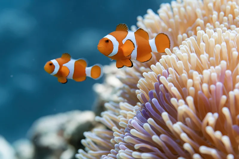 Two clownfish hovering beside a large sea anemone tentacle in underwater reef environment