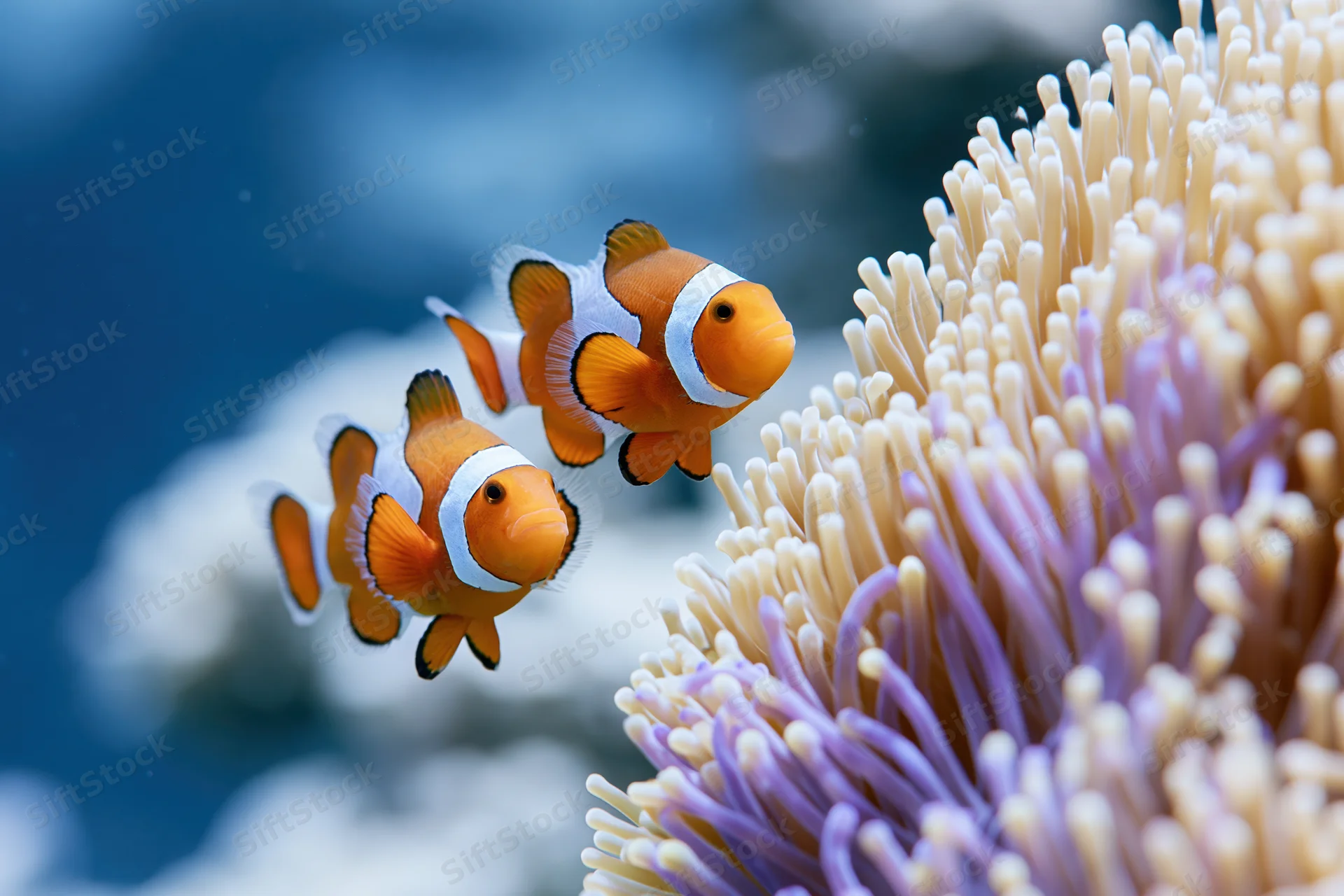 Two clownfish hovering beside a large sea anemone tentacle in clear blue water