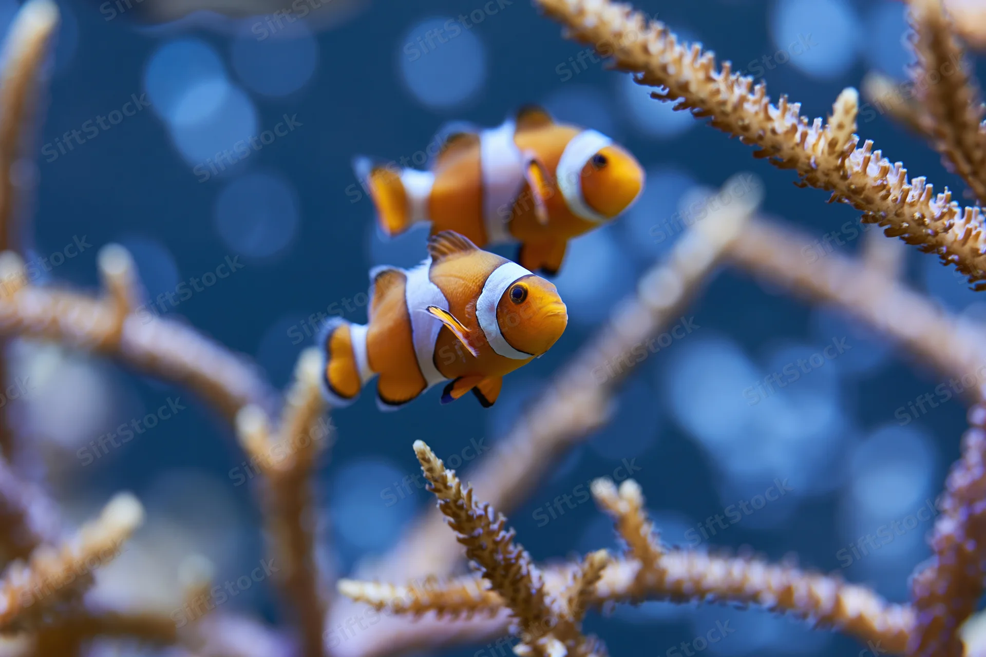 Two clownfish swimming among coral branches in an aquarium setting