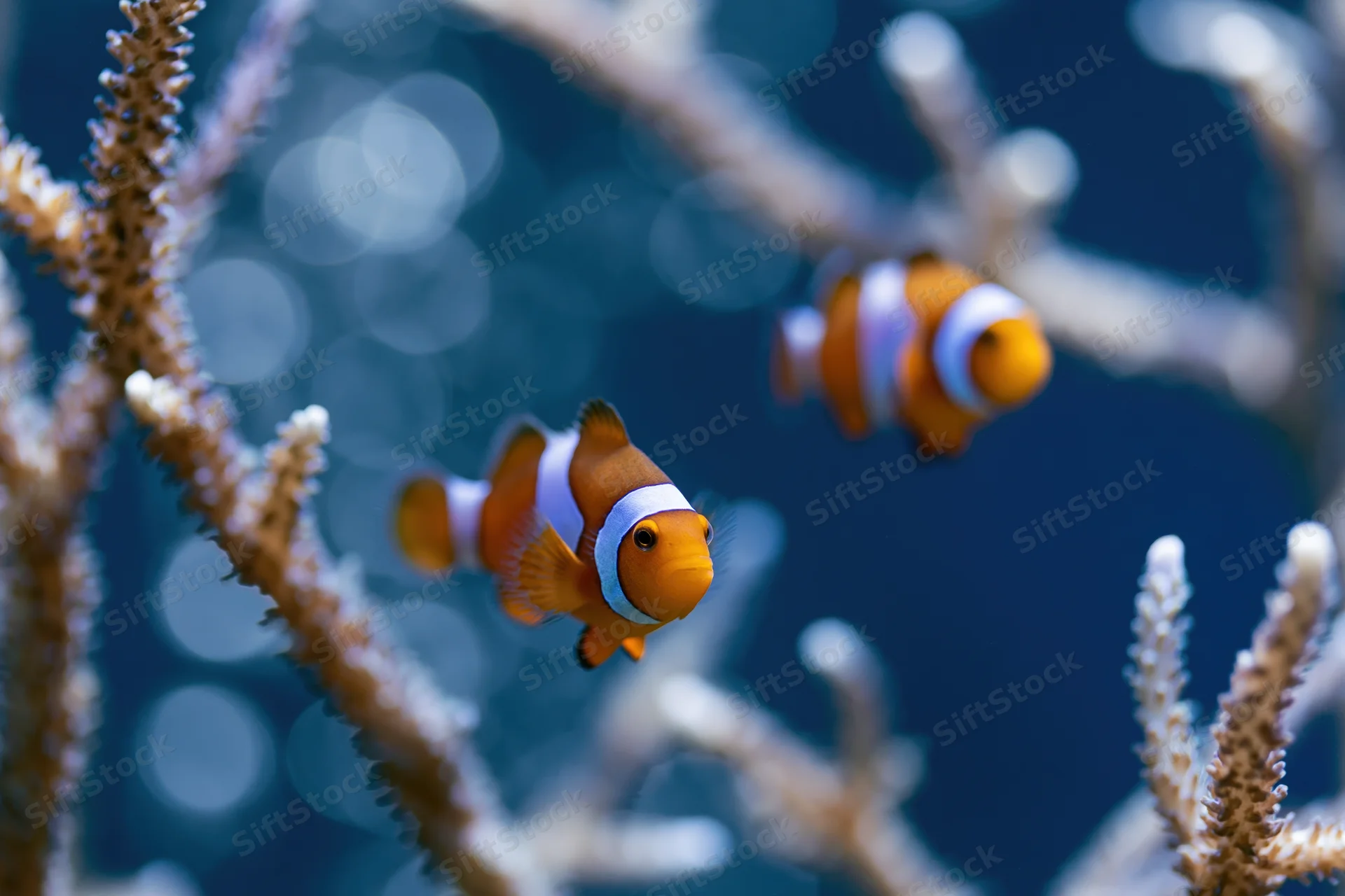 Two clownfish swimming among coral and sea anemone branches in an aquarium setting