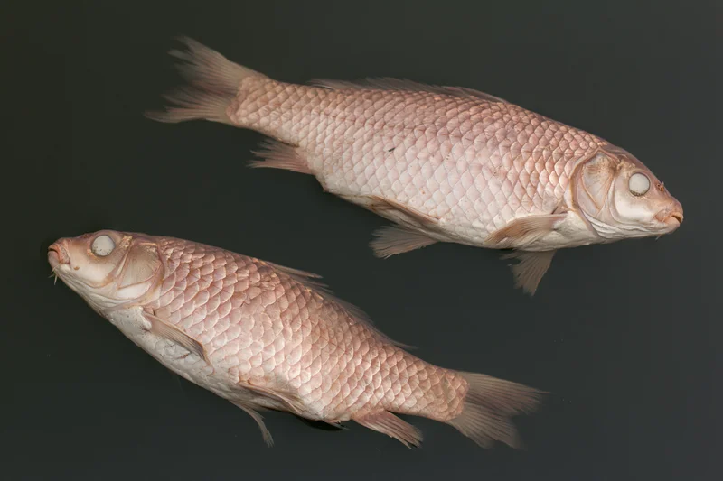 Two dead carp floating belly-up just below dark water surface