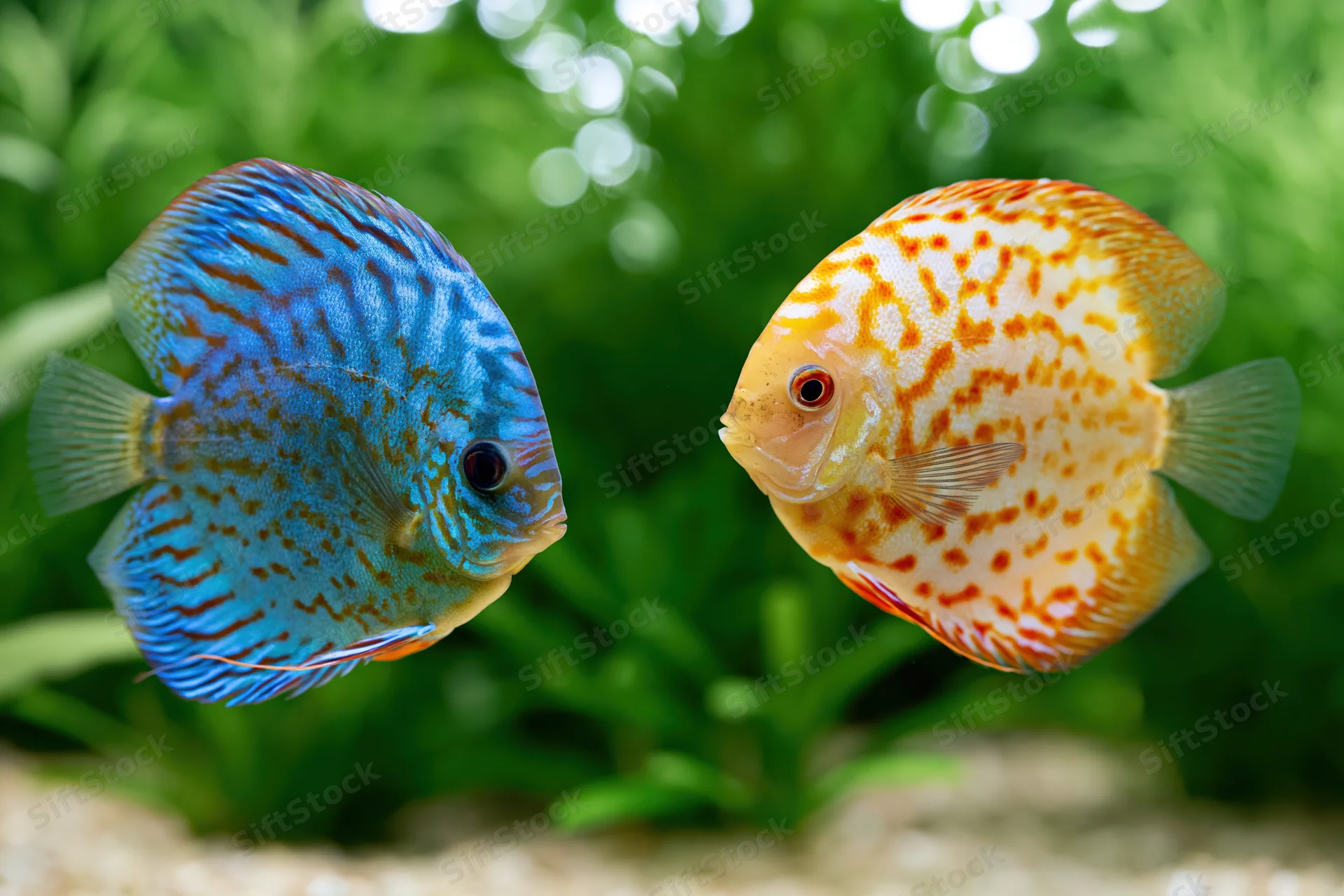Two discus fish facing each other midwater in a planted aquarium