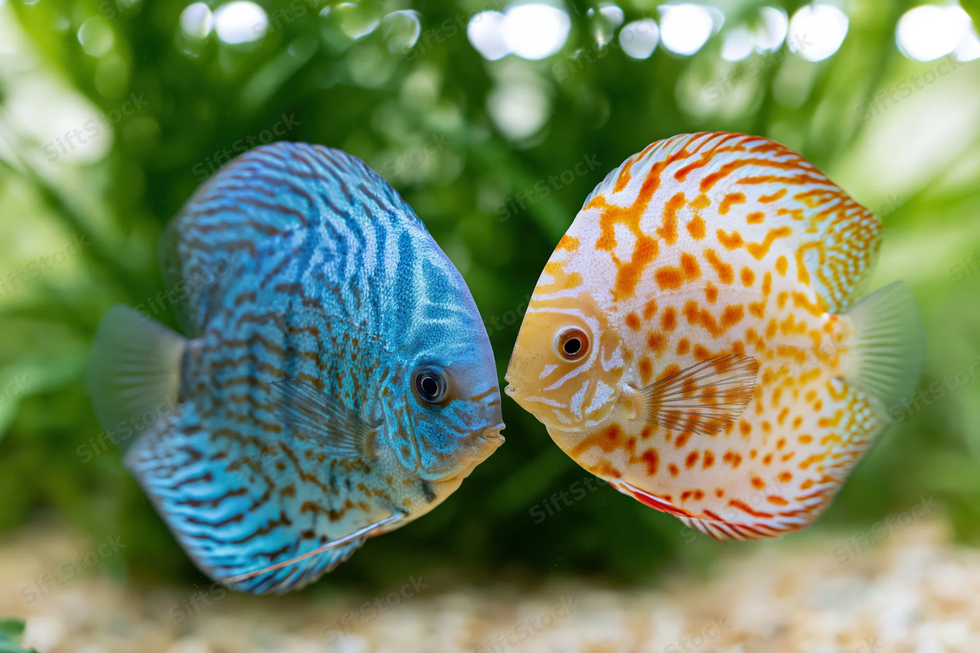 Two discus fish facing each other midwater in a planted aquarium