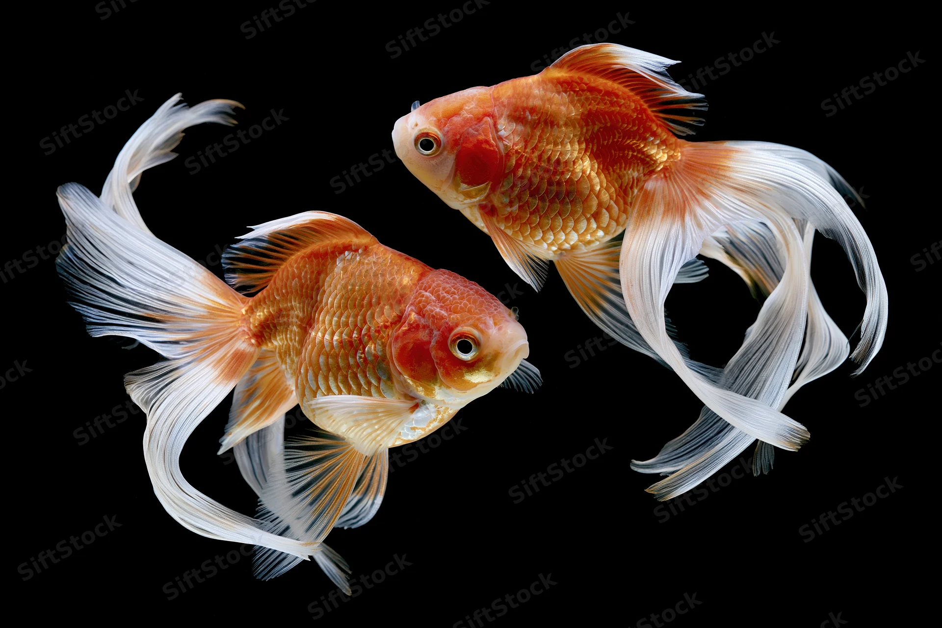 Two fantail goldfish swimming together against a black background
