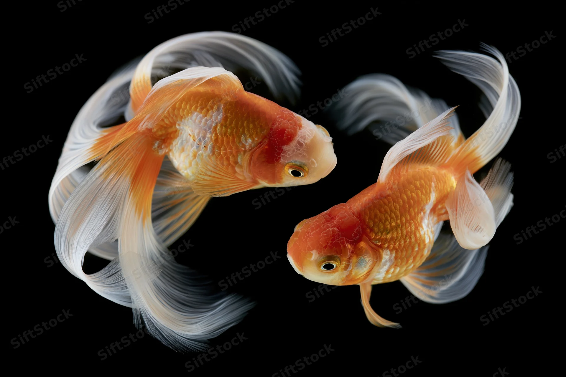 Two fantail goldfish swimming together against a black background
