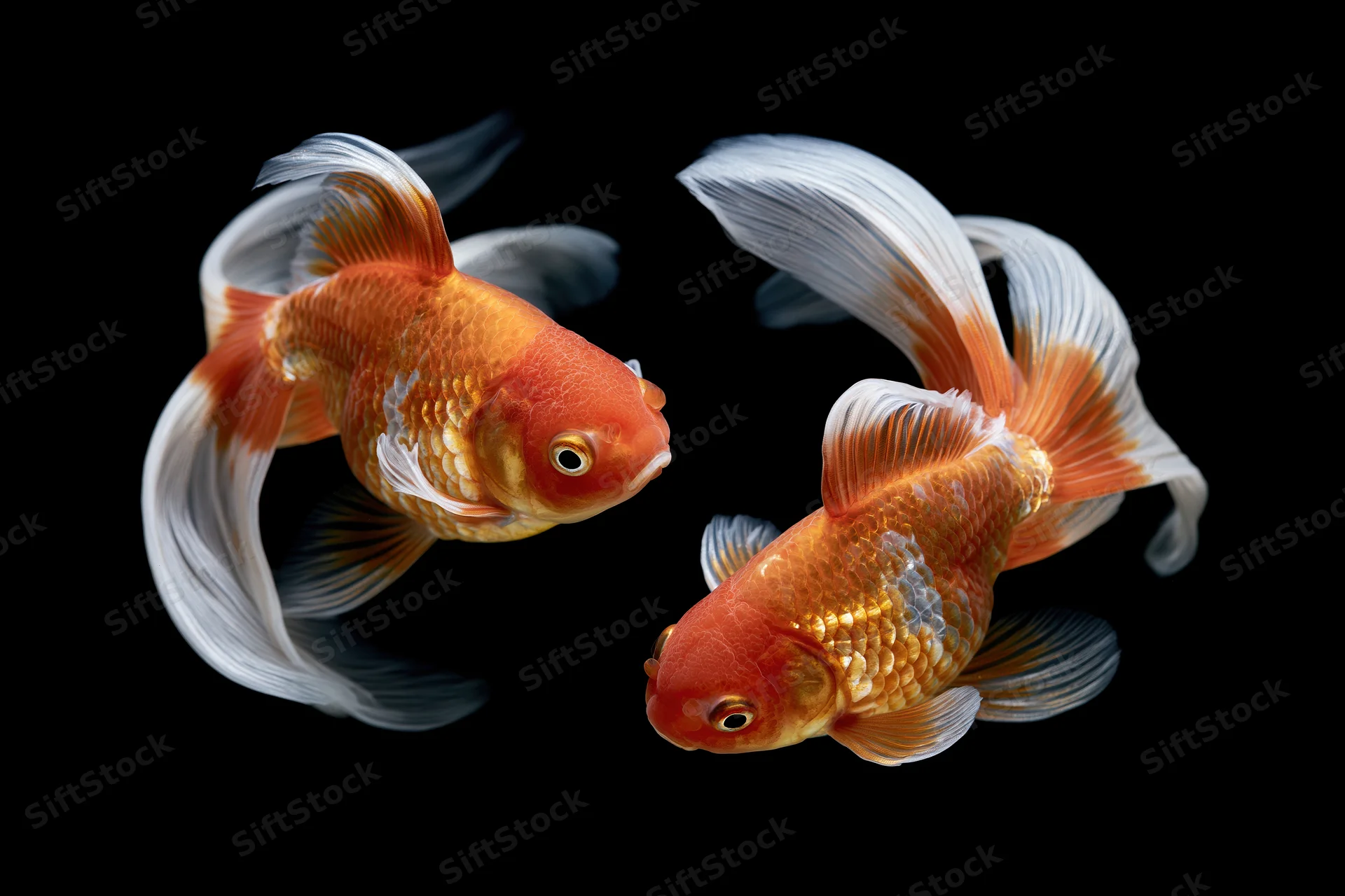 Two fantail goldfish swimming together against a black background
