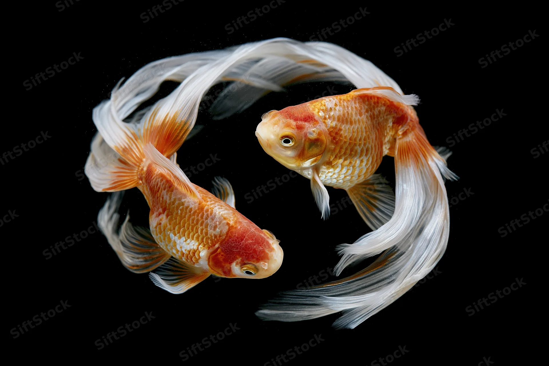 Two fantail goldfish swimming in a circular motion against a black background