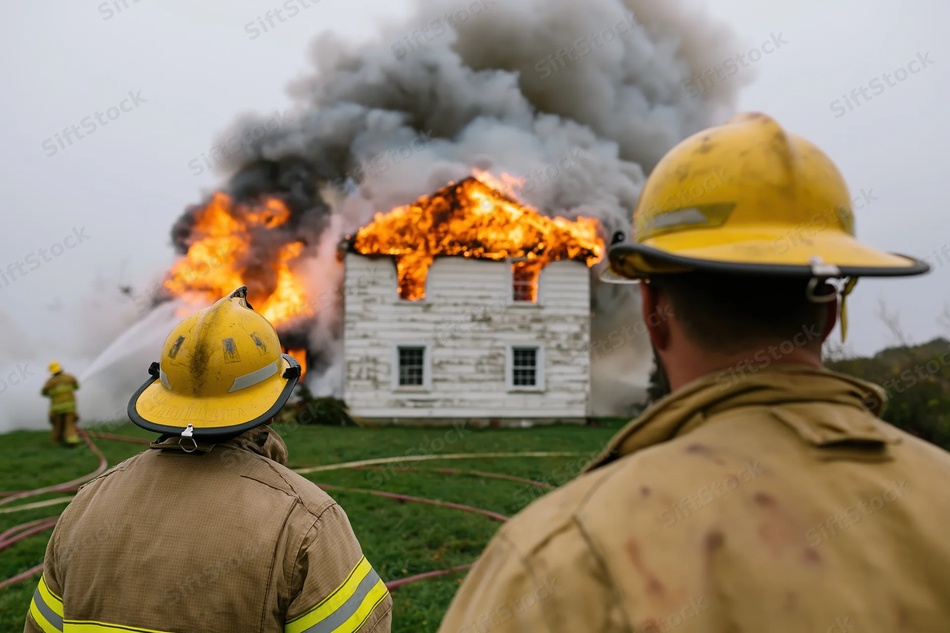Firefighters in turnout gear observing a burning house during a training drill