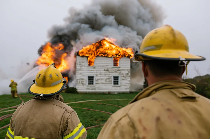 Firefighters in turnout gear observing a burning house during a training drill