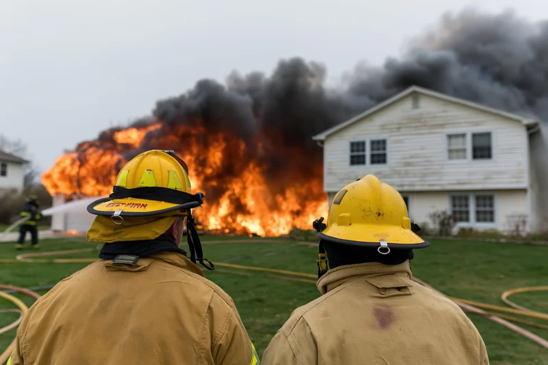Two firefighters in yellow helmets and turnout gear facing a burning house with smoke and flames