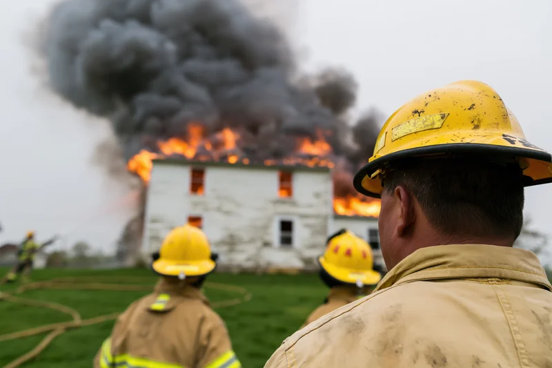 Firefighters in turnout gear observing a burning house from a grassy field
