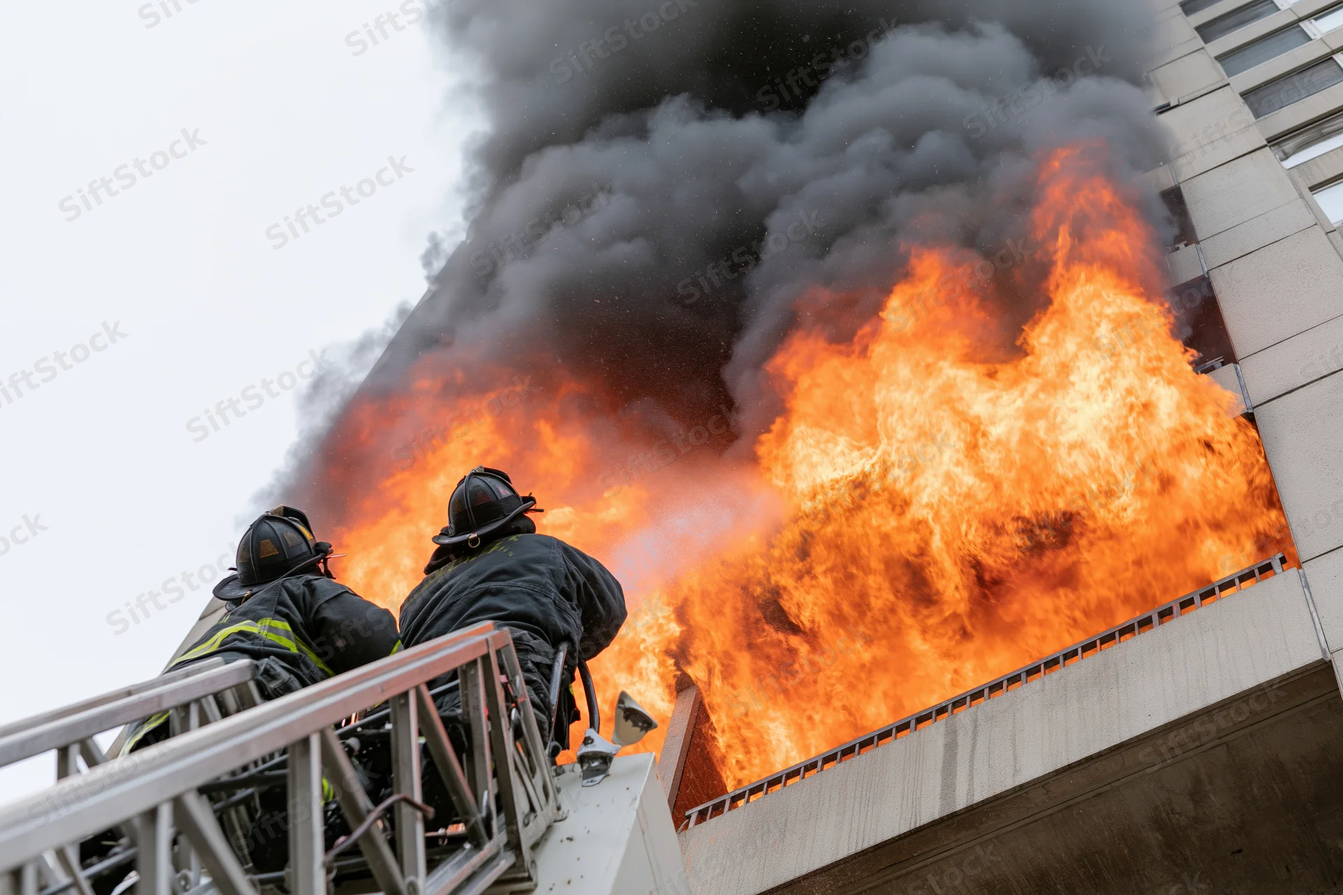 Firefighters on aerial ladder platform battling flames on building exterior