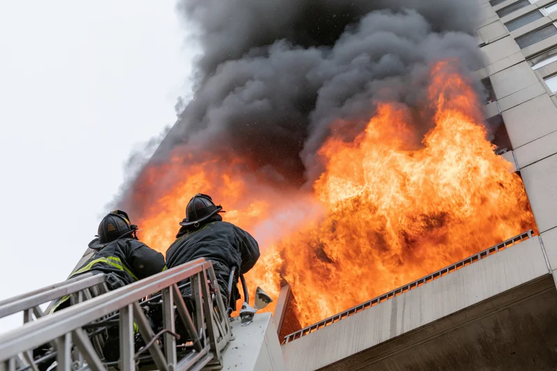 Firefighters on aerial ladder platform battling flames on building exterior