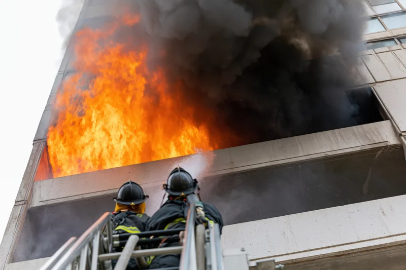 Firefighters on aerial ladder platform directing water at flames erupting from building window