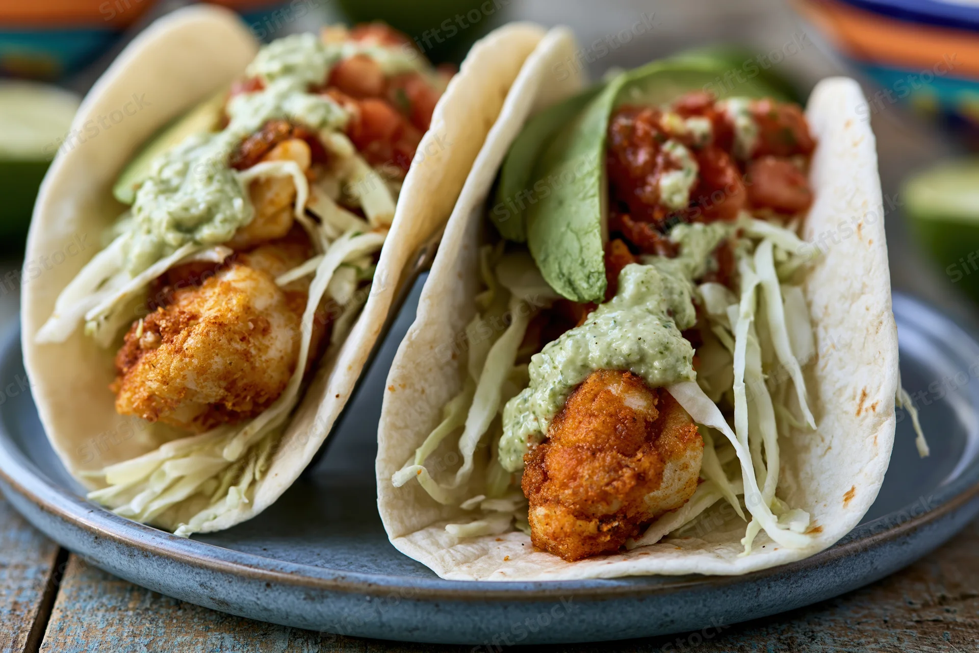 Two fish tacos in soft flour tortillas filled with crispy fried fish, shredded cabbage, avocado, lime, and green sauce on a blue plate