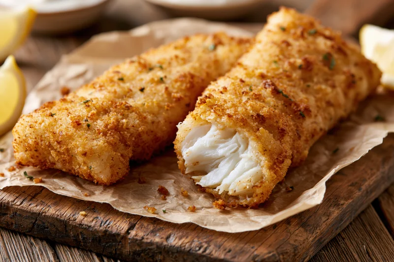 Two golden-brown breaded fish fillets on parchment paper atop a wooden board with lemon wedges