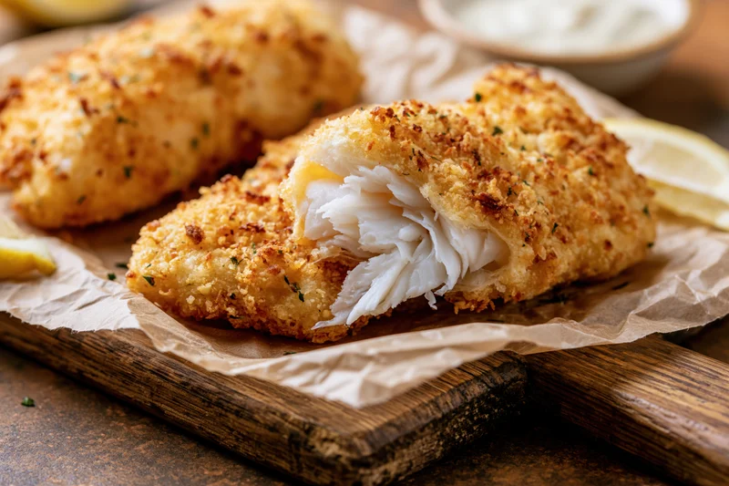 Breaded fish fillets with flaky white interior on parchment paper atop a wooden board