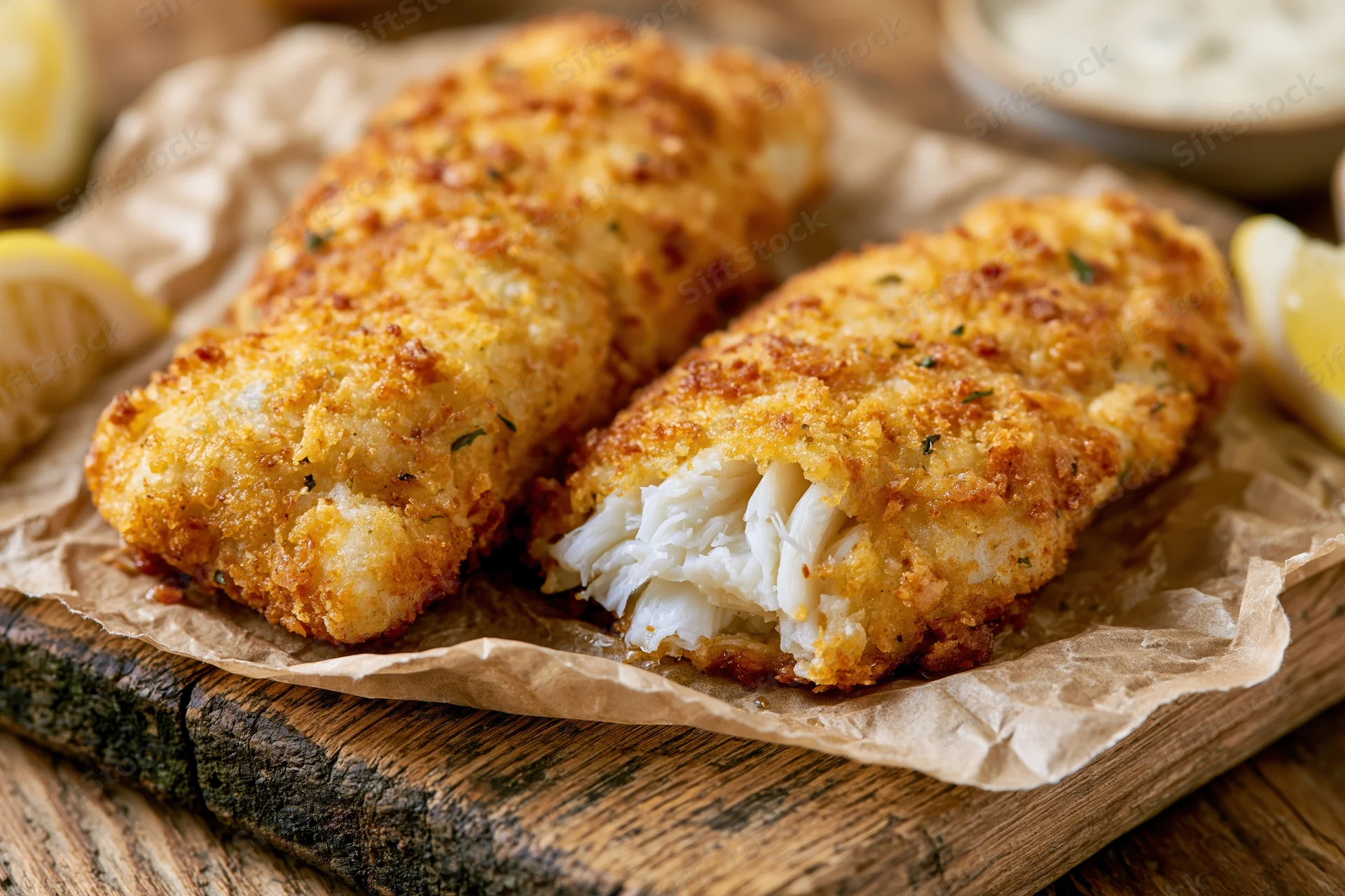 Two golden-brown breaded fish fillets on parchment paper atop a wooden board with lemon wedges and dipping sauce nearby