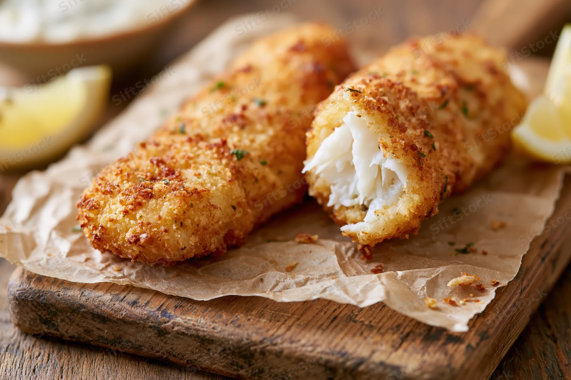 Two breaded fish fillets with one cut open to show flaky white interior on parchment paper atop a wooden cutting board with lemon wedges and herbs nearby