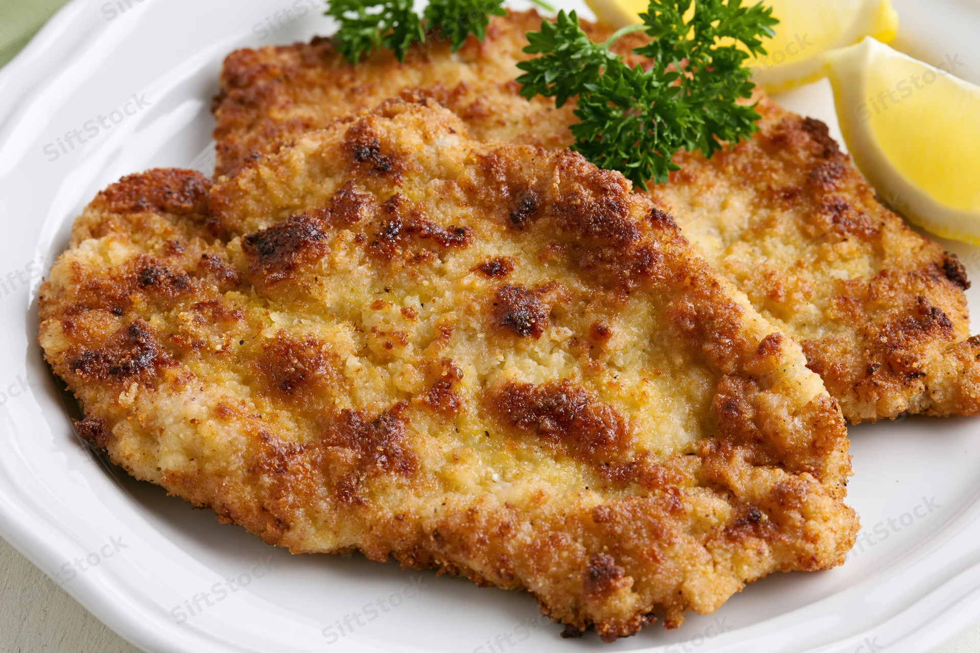 Two golden-brown breaded schnitzel cutlets on a white ceramic plate garnished with parsley and lemon slices