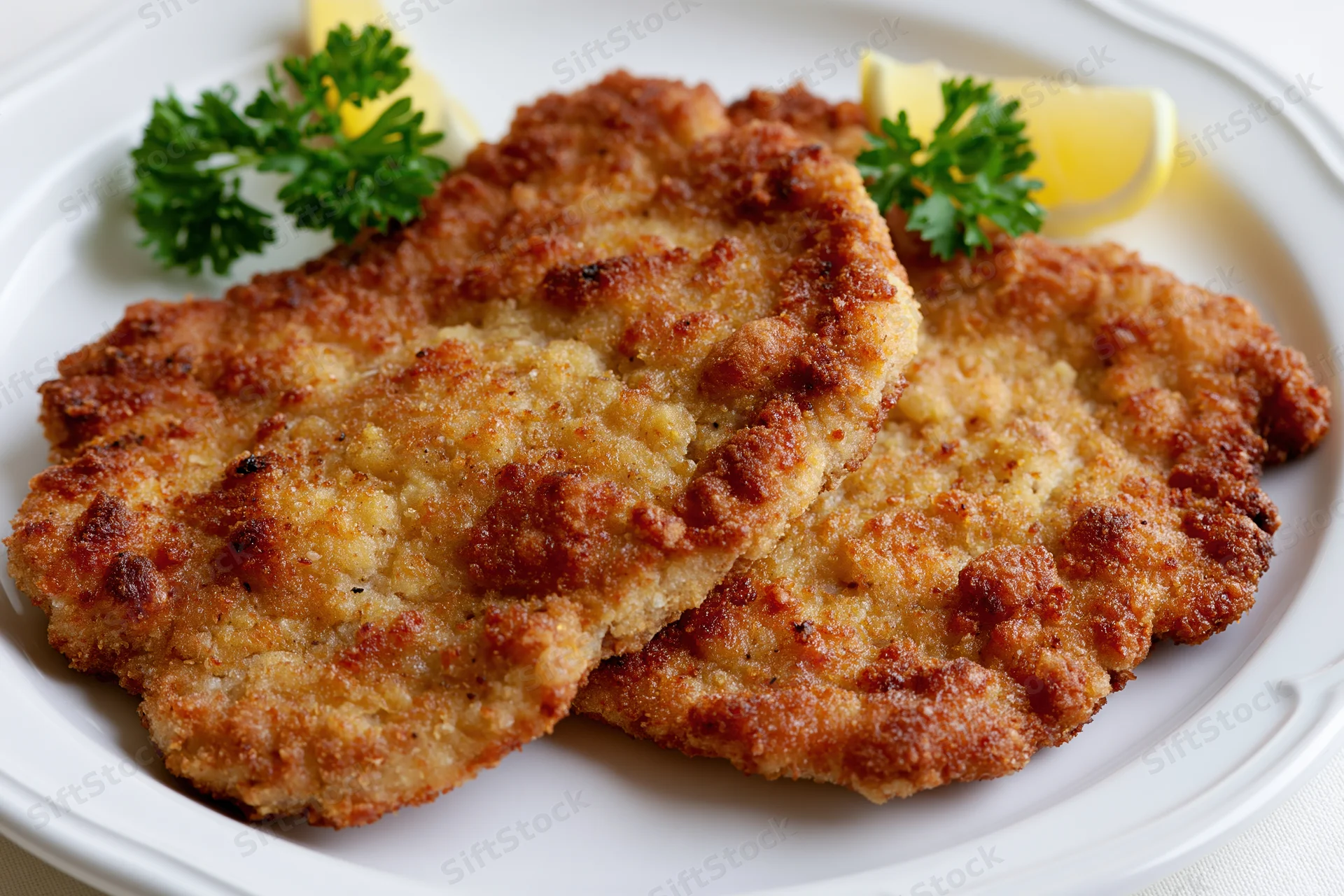 Two golden-brown breaded schnitzel cutlets on a white ceramic plate garnished with parsley and lemon slices
