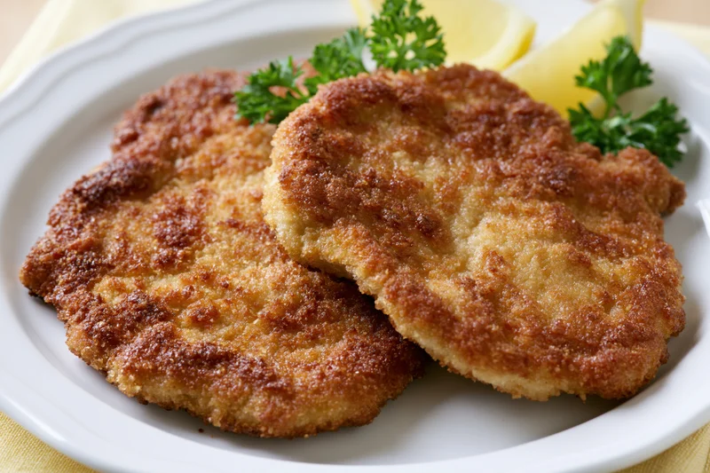 Two golden-brown breaded schnitzel cutlets on a white ceramic plate garnished with parsley and lemon slices