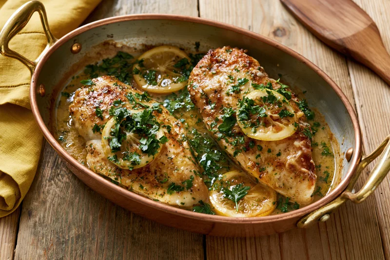 Two roasted chicken breasts in a copper oval roasting pan with lemon and parsley garnish on a wooden table