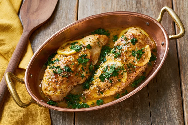 Two roasted chicken breasts in a copper oval roasting pan with lemon and parsley on a wooden table