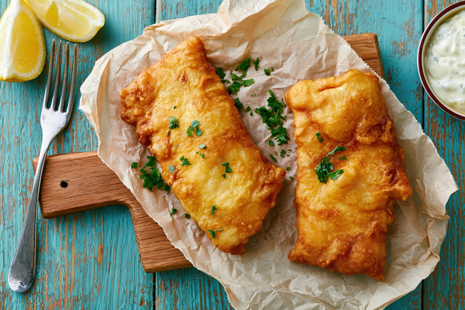 Two golden battered fish fillets on parchment paper on a wooden cutting board with lemon wedges and tartar sauce